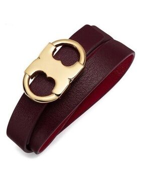 Tory Burch Gemini Link Reversible Wrap Bracelet in Burgundy/Red Leather. New!